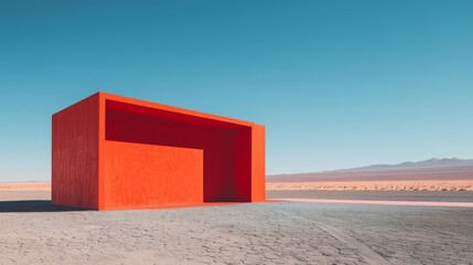 A minimalist composition capturing a vibrant red structure in a vast desert, embodying the essence of Documentary, Editorial, and Magazine Photography Style,