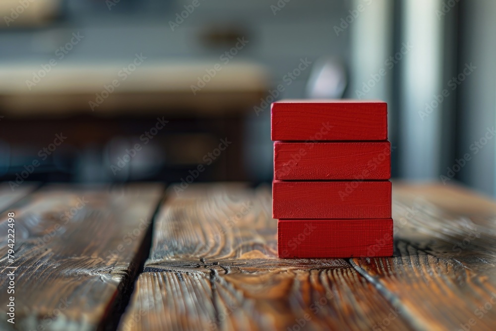 Aufkleber A stack of red blocks on a wooden table. Suitable for educational concepts
