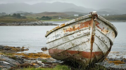 A poignant image of a weathered boat on a tranquil shore, encapsulating the storytelling essence of Documentary, Editorial, and Magazine Photography,