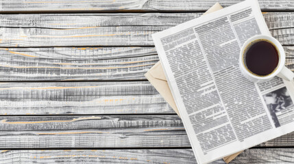 Obraz premium Morning coffee with newspaper on rustic wooden table