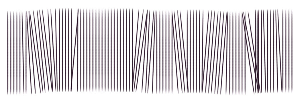 Rządek czarnych przechylonych, nier&oacute;wnych, r&oacute;wnych kresek, zęby grzebienia, kod kreskowy. Monochromatyczny, minimalistyczny plik wektorowy.