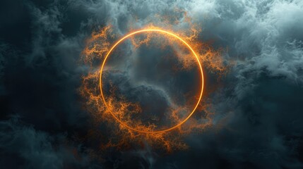 Neon glowing round circle frame on the background with sky and clouds