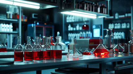 Laboratory workplace. lab glassware, science laboratory research, Test tubes on the table. Chemical tube and glassware in laboratory