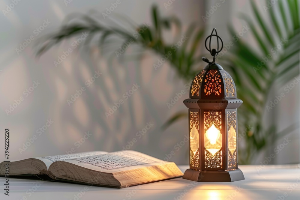 Poster An open book sitting on a table next to a lamp. Suitable for educational or reading concepts