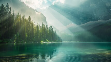 Canadian Rockies, Crepuscular rays and pristine lakes, Magazine Photography, - obrazy, fototapety, plakaty