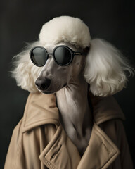 A fashionable Poodle dog posing in leather coat, stylish and classy, dressed like a masculine human gangster, a charismatic leader - 794223402
