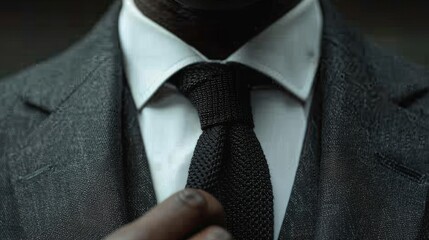 Close-up of a man in a dark suit and black tie adjusting his necktie