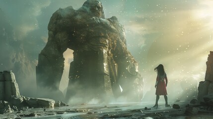 Female hero stands against a spectral giant, barren landscape, dramatic starlight, crisp textures,