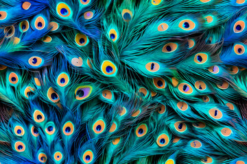 Texture of a peacock feather from the tail of an exotic bird. The background is a close-up of a multicolored iridescent eye of a feather animal. 
