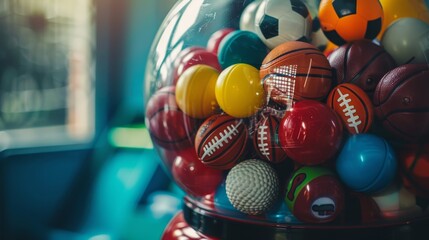 Gumball machine filled with miniaturized sports balls, energetic sports theme, dynamic colors,