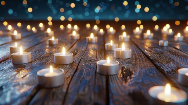 Tranquil evening: candles illuminating rustic wooden surface with bokeh lights
