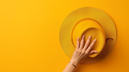 Hand holding a stylish hat, deep yellow solid pastel background, minimalistic closeup ad,