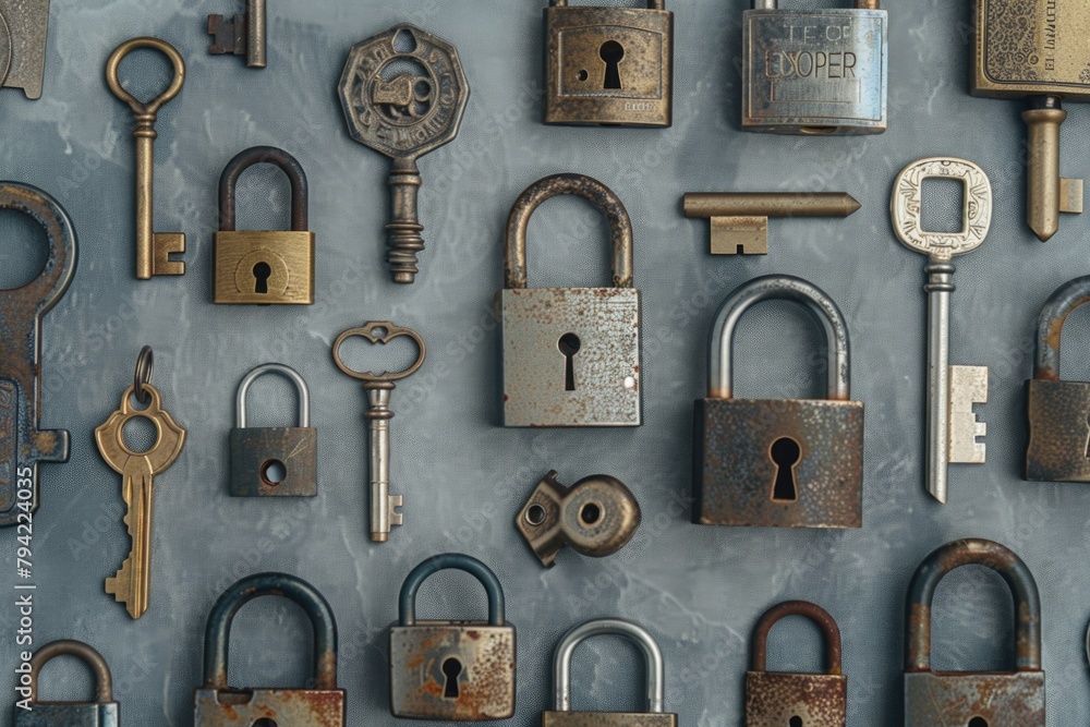 Poster collection of vintage locks and keys, perfect for historical or security concepts