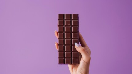 Minimalist ad, hand clutching a bar of chocolate on a solid purple background, studio lighting, - obrazy, fototapety, plakaty