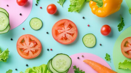 Vibrant vegetable cuts on a whimsical pastel abstract background,