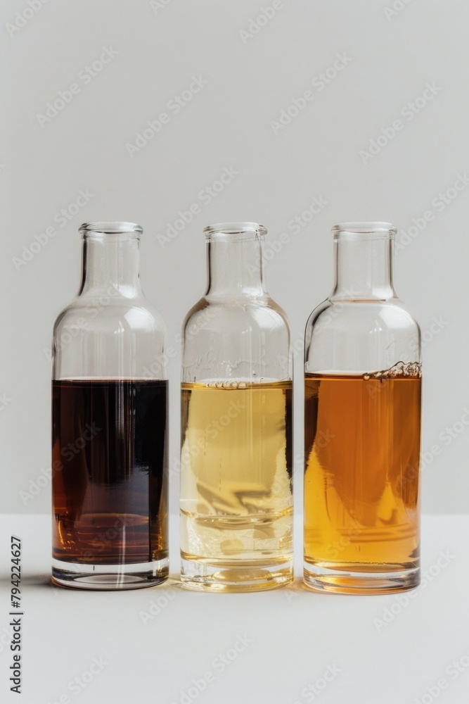 Aufkleber three bottles filled with liquid on a table, suitable for various projects