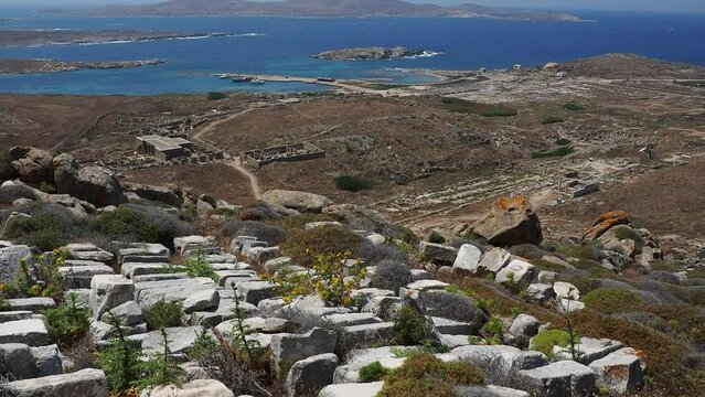 View from Mount Kynthos, Delos Archaeological Site, UNESCO World Heritage Site, Delos Island, Cyclades, Greek Islands, Greece, Europe