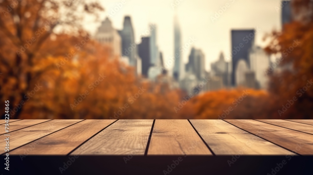 Poster the empty wooden table top with blur background of business district and office building in autumn. 