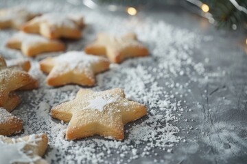 Obraz na płótnie Canvas Star shaped cookies covered in powdered sugar, perfect for holiday baking projects