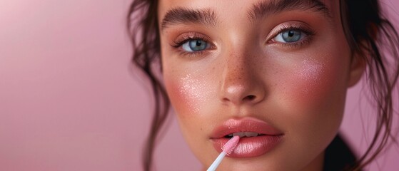 Imagine a beauty influencer reviewing a lip gloss, highlighting its pastel shade and metallic cap in a tutorial that demonstrates how to achieve a perfect glossy lip 8K , high-resolution, ultra HD,up3 - obrazy, fototapety, plakaty