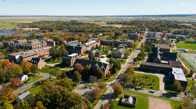 Beautiful Aerial Drone Photo Of The Mount Allison University Campus and Surrounding Town in Sackville, New Brunswick, Canada During Autumn