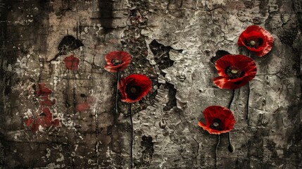 Vivid red poppies against rustic weathered wooden background