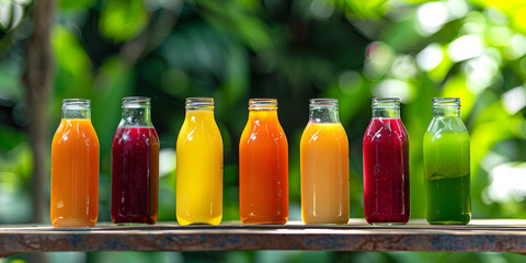 bottles of juice in the garden on a background of greenery, summer sunlight Glass bottles with colorful fresh juice fruit and vegetable smoothies Summer  - obrazy, fototapety, plakaty