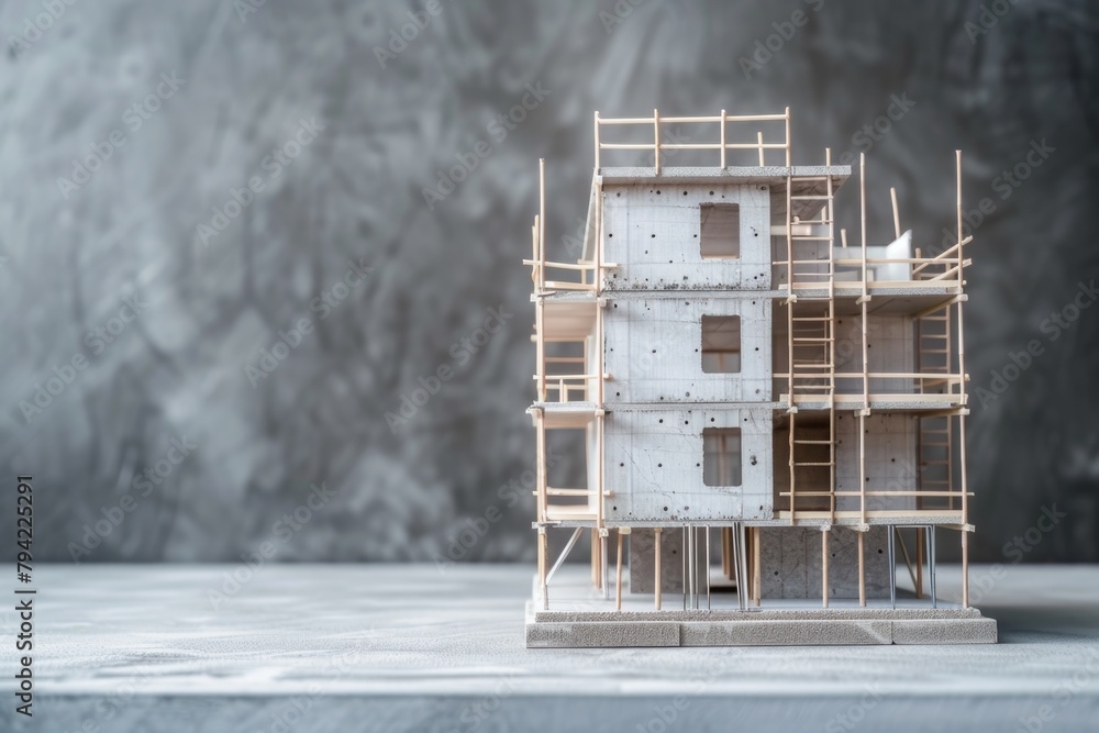 Poster A model of a building surrounded by scaffolding. Suitable for construction and architecture concepts