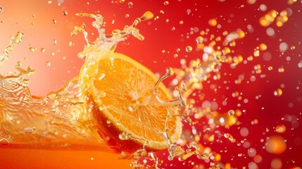 Vibrant orange slice splashing in juicy explosion against red background