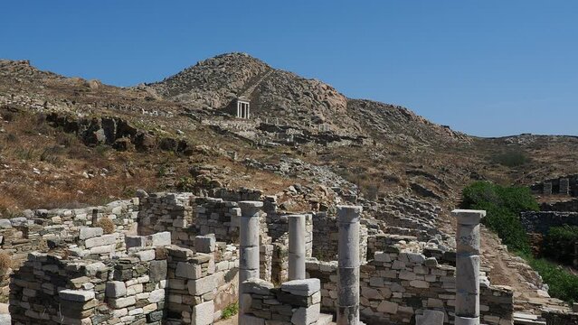 View towards the Temple of Isis and Mount Kynthos, Delos Archaeological Site, UNESCO World Heritage Site, Delos Island, Cyclades, Greek Islands, Greece, Europe