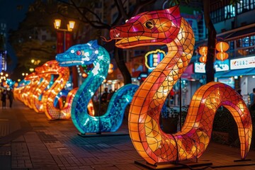 Snake-shaped lanterns, 2025 Lunar New Year market, glowing night stalls