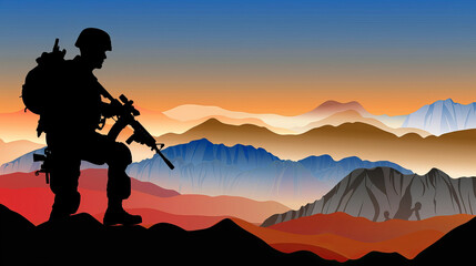 Silhouette of soldier with rifle at sunset over mountainous terrain
