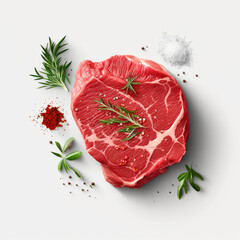fresh raw beef steak, top view, isolated on white. Generative AI,
