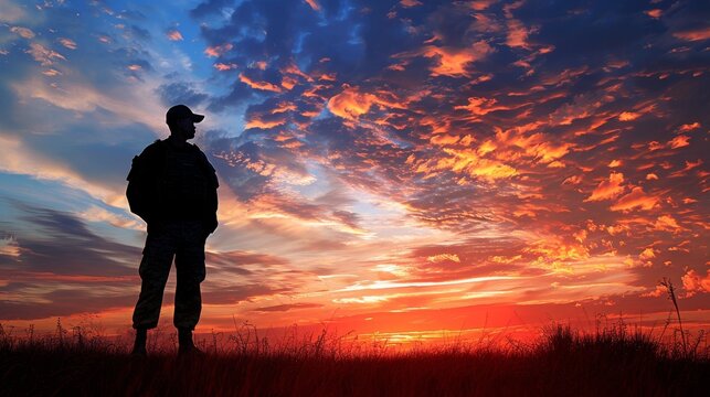 Silhouette of a soldier standing in a field at sunset - Powered by Adobe