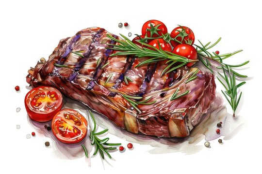 A painting of a delicious steak with fresh tomatoes and fragrant rosemary sprigs. Perfect for food-related projects