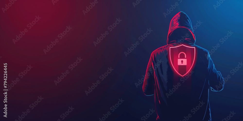 Poster a man in a black hoodie with a red shield and padlock icon on a dark blue background, symbolizing da