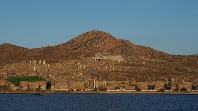 Waterfront of Delos Archaeological Site at sunset, UNESCO World Heritage Site, Delos Island, Cyclades, Greek Islands, Greece, Europe
