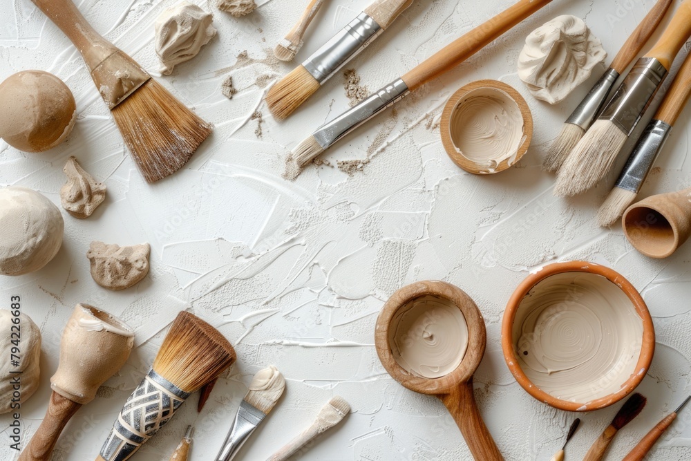 Poster a bunch of brushes sitting on top of a table. ideal for art and craft projects