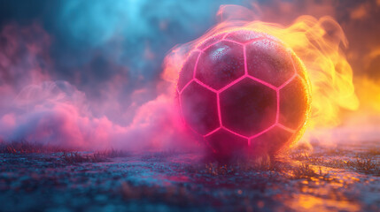 Naklejka premium Neon Soccer Ball with Glowy Smoke on a Dark Background