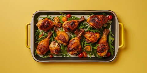 Chicken Legs Tray Bake on a Yellow background