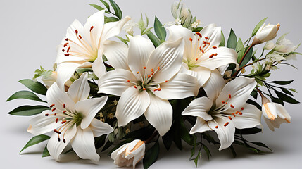 Beautiful white lilies on light background, Ai generated image
