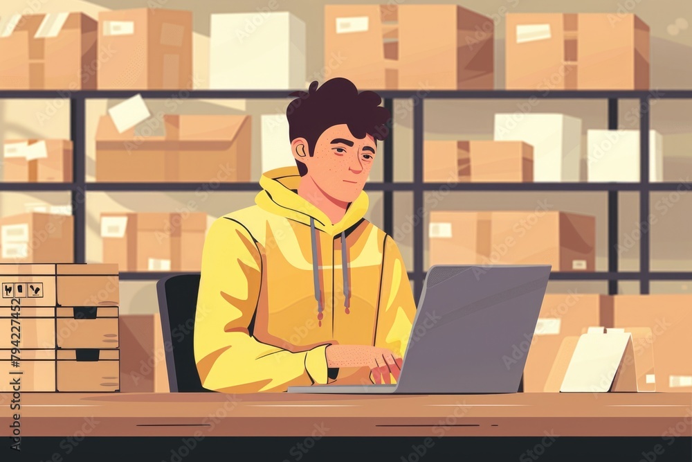 Poster a man in a yellow hoodie working on a laptop. suitable for technology and remote work concepts