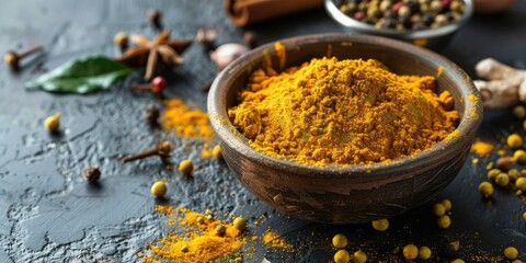 A wooden bowl filled with yellow powder and spices. Perfect for culinary or wellness concepts