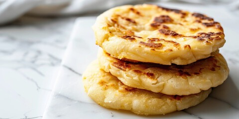 Arepas on a white marble table, Colombian comfort food, Thick and fluffy corn cakes.