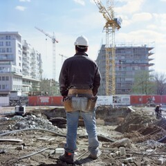 Rear view of builder inspector at construction site, worker's day, labor day