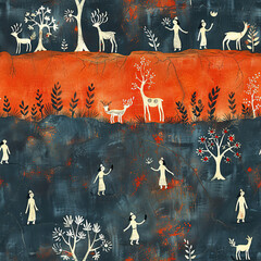 Traditional Warli Folk Art Warli painting, focusing on the monochromatic use of white on terracotta or indigo backgrounds. Incorporate tribal scenes, human figures, animals, and flora in a simplistic