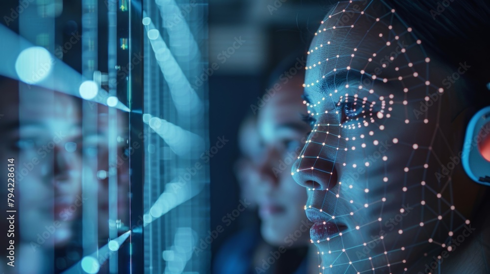 Poster a group of individuals using facial recognition to access a secure server room in a financial instit