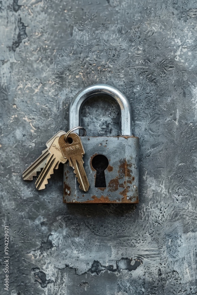 Poster a bunch of keys resting on a padlock, suitable for security concept designs