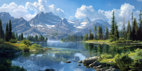 A serene mountain meadow with tranquil waters and majestic mountains in the background.