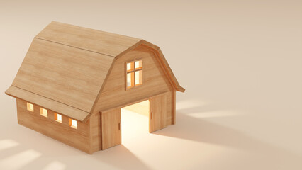 Wooden toy village barn on plain background with copy space. Wooden miniature with warm lighting and cozy vibes. 3d rendering © Alan Luk